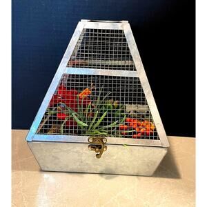 Galvanized metal faux flower terrarium cottage country home decor latch to open